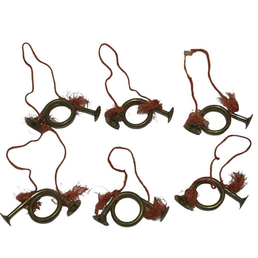 6 VTG Brass French Horn Fox Horn Christmas Ornaments w-Decorative Tassel Cords